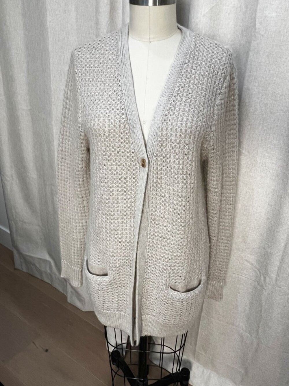 SUNDANCE Metallic Wool Mohair Open Knit Longline Cardigan Sweater Sz L Oatmeal